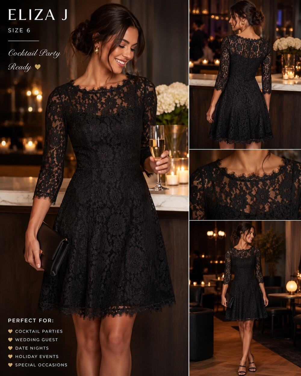 Eliza J Black Floral Lace Fit & Flare Dress Sheer Illusion Neckline 3/4 Sleeve 6